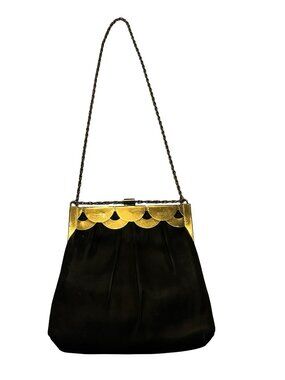 Vintage Black Satin Evening Bag Gold Frame Scalloped Clutch USA Elegant Formal P